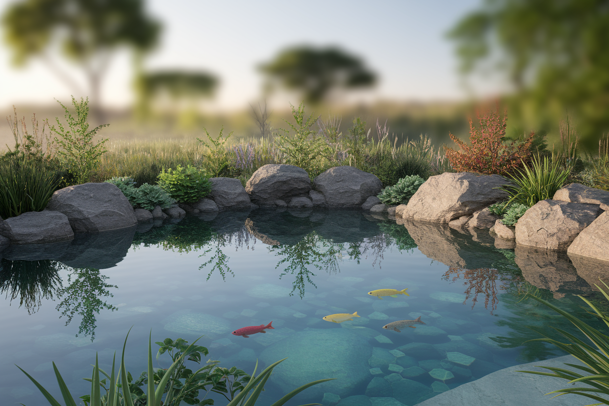 bassin-naturel-verdure-rochers-poissons