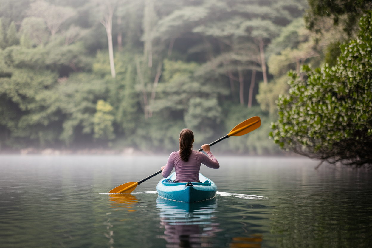 femme-kayak-lac-brume-foret