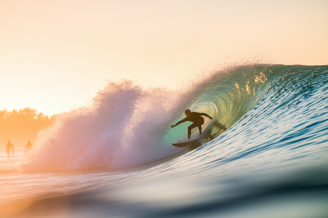 surfeur-vague-aube-lueur-doree