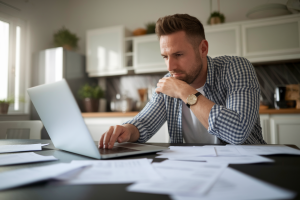 proprietaire-ordinateur-portable-table-cuisine-papiers
