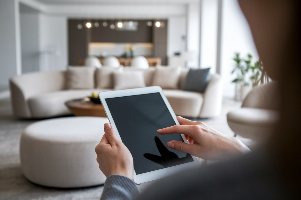 salon-minimaliste-personne-tablette