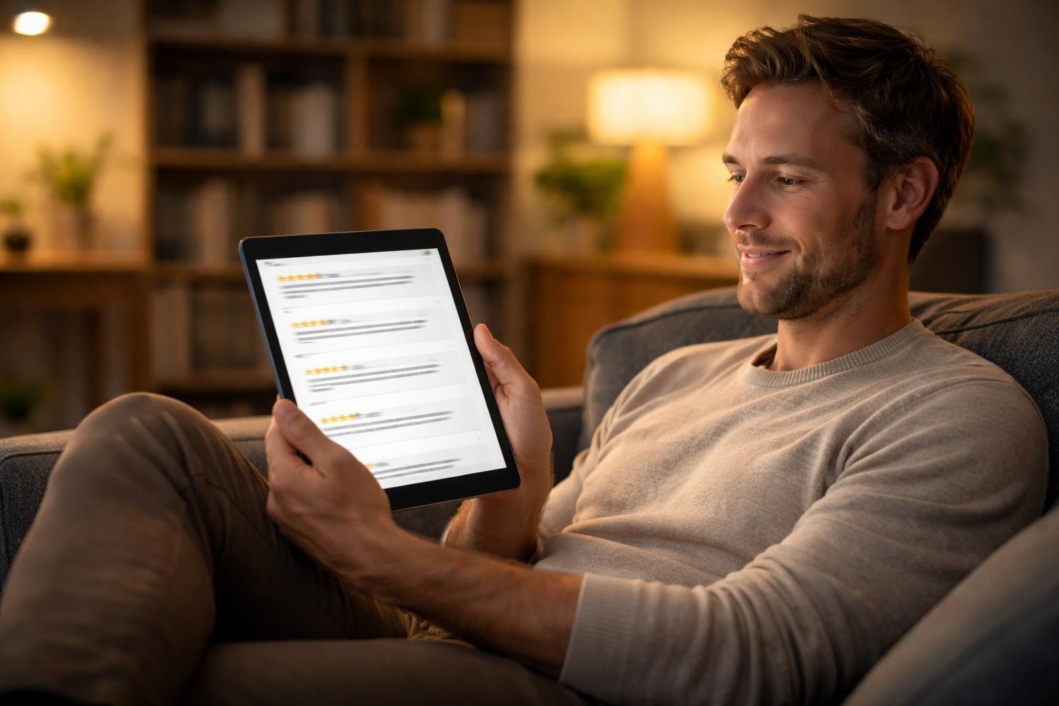 lecteur-detendu-salon-moderne-tablette-bibliotheque