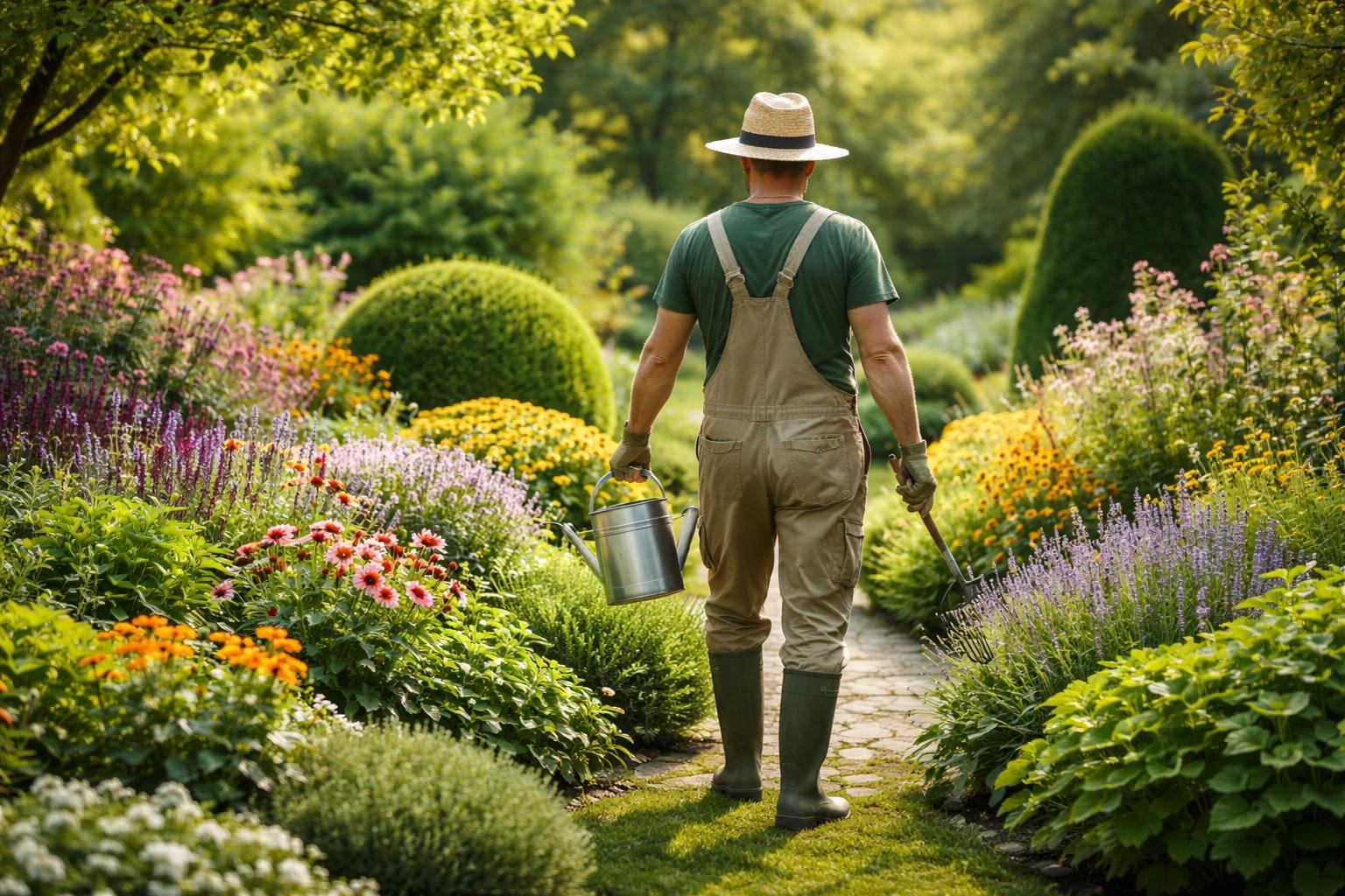 jardinier-dos-jardin-luxuriant-fleurs-colorées