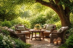 jardin-luxuriant-arbre-chaises-table