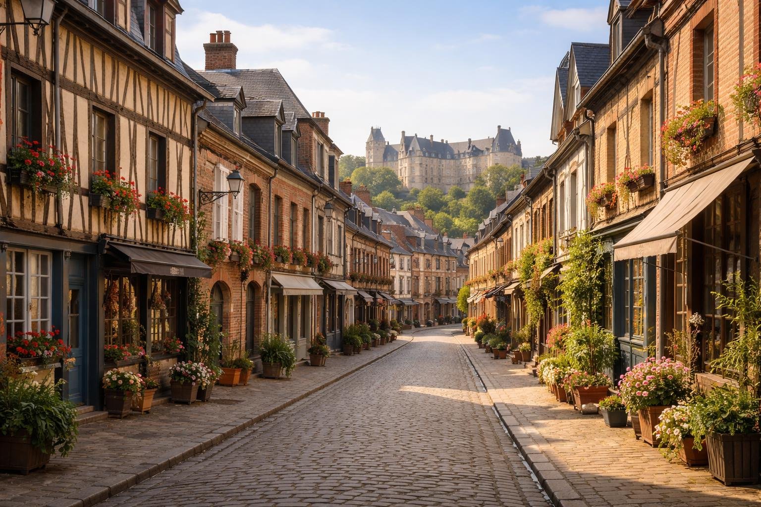 rue-pavee-batiments-normands-chateau-eu
